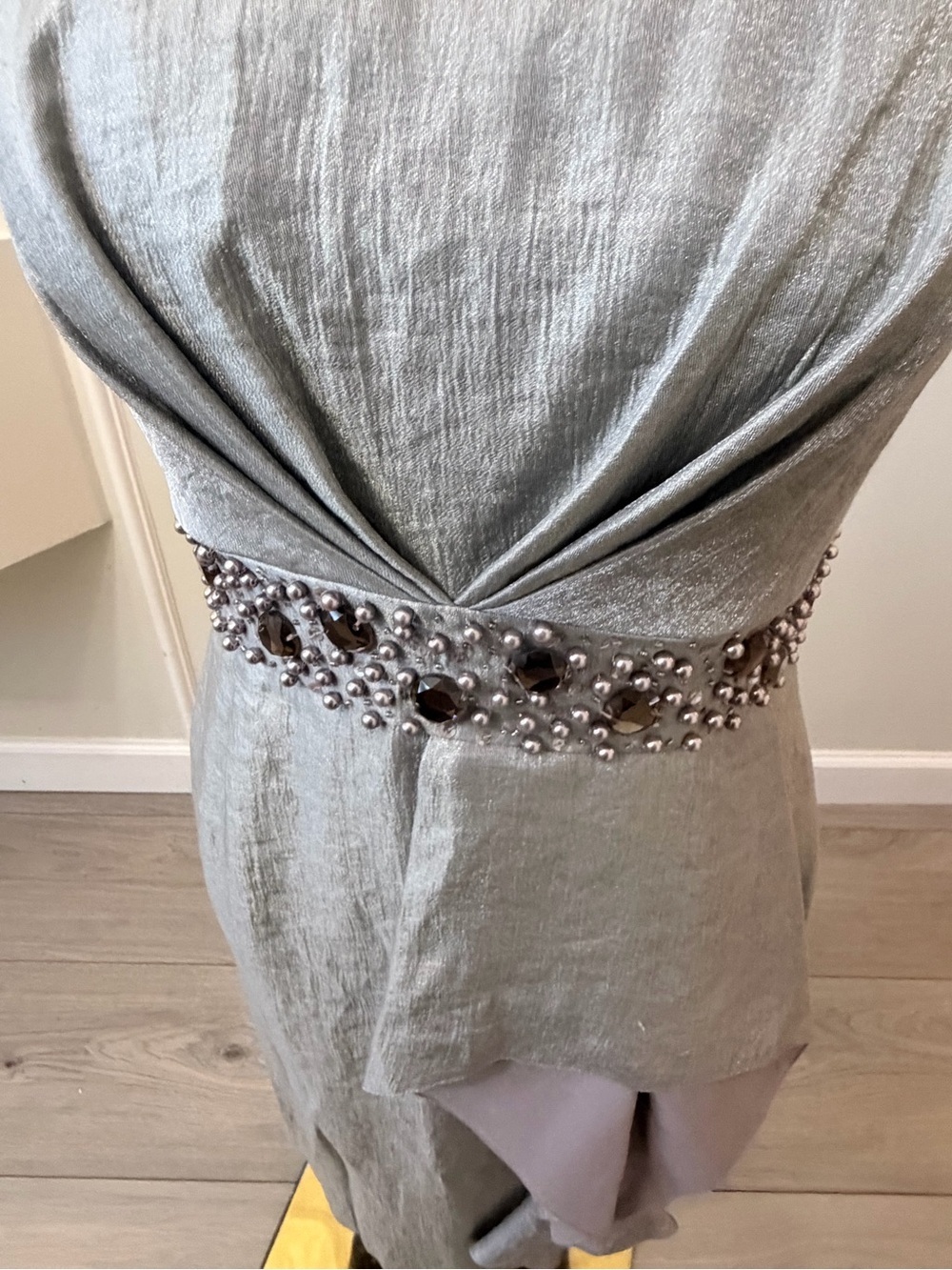Adrianna Papell Silver Midi Dress with Lilac Ruffle & Jeweled Waistband - Picture 7 of 13